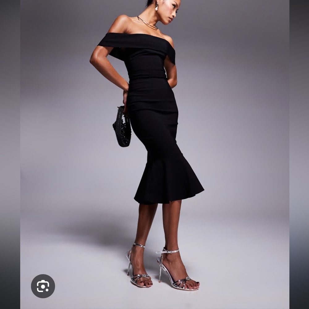Vesper Bengaline Bardot Fishtail Hem Midi Dress In Black